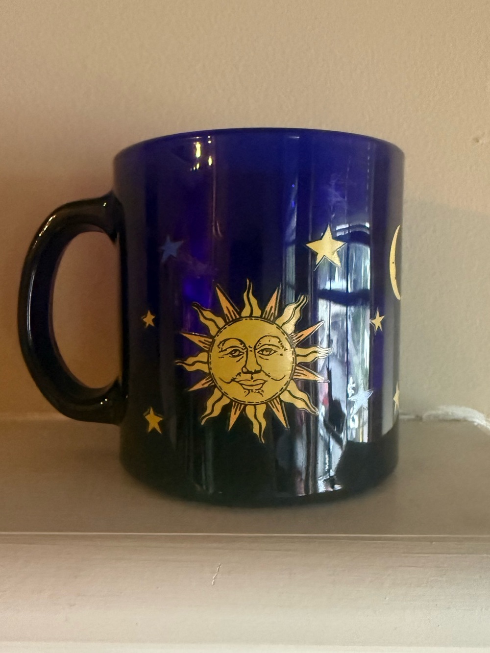 Libbey Cobalt Blue Glass Celestial Mug Friends Sun Moon Stars 90's Vintage